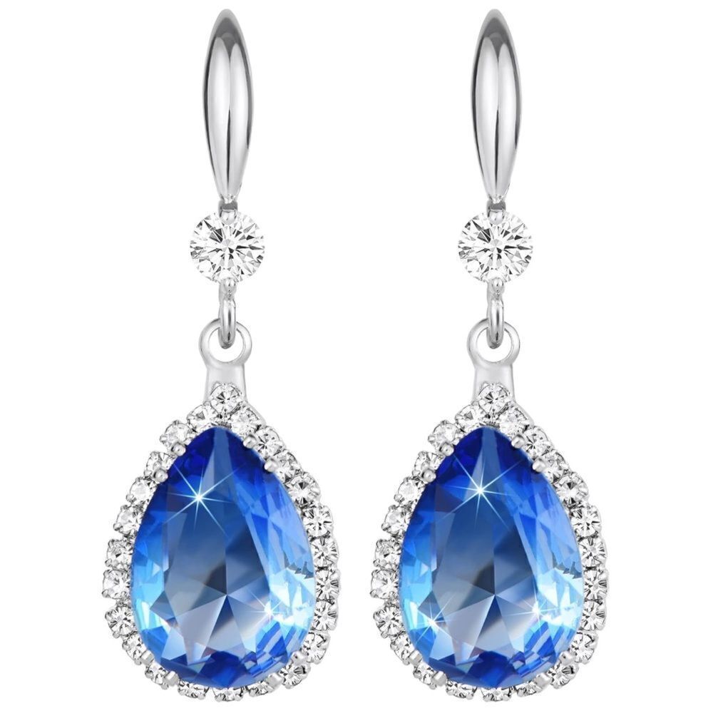14K White Gold with Blue Topaz Cubic Zirconia Teardrop Hook Dangling Earrings